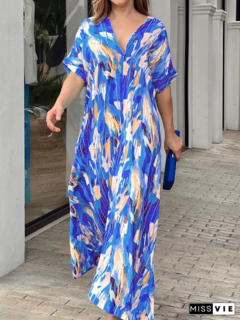 Loose Short Sleeves Multi-Colored Printed V-Neck Maxi Dresses