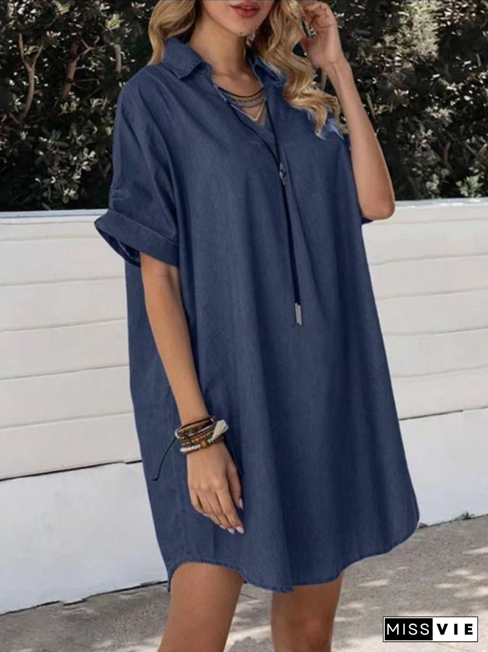 Women'S Dresses Casual Lapel Short Sleeve Denim Dress