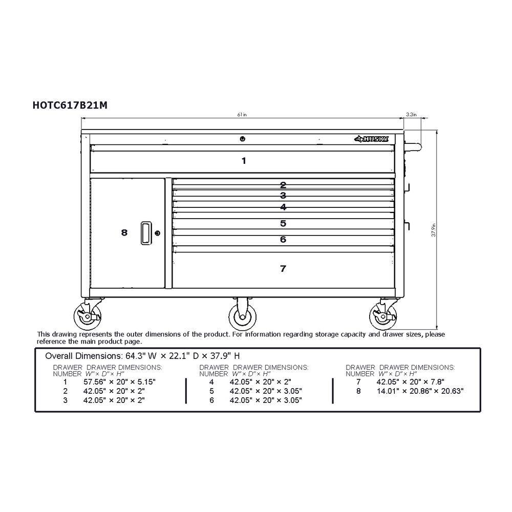 Husky 61 in. W x 22.1 in D Standard Duty 7-Drawer 1-Door Mobile Workbench Tool Chest with Solid Wood Top in Gloss Red HOTC6107B21M