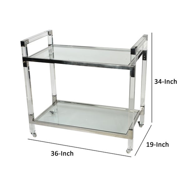 36 Inch 2 Tier Bar Cart， Acrylic and Steel Frame， Glass and Chrome Finish