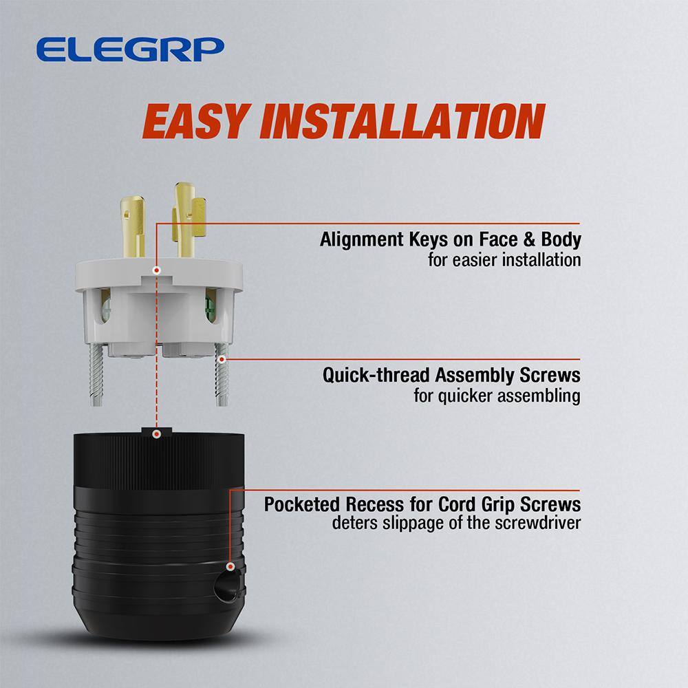 ELEGRP 30 Amp 250-Volt NEMA L6-30P Locking Plug Industrial Grade Grounding Heavy-Duty BlackWhite L0630P