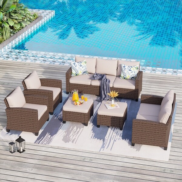 9Seat Patio Furniture Wicker Rattan Outdoor Highback Sectional Sofa Conversation Set with Firepit Table