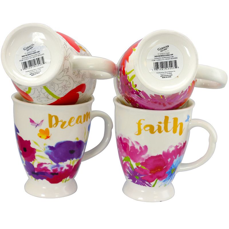 Gibson Home Bold Floral 17.4 oz Cup Set， Set of 4 Assorted Designs