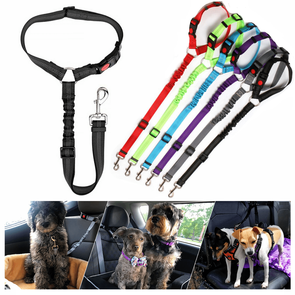 2-in-1 Dog Seat Belt Harness with Bungee， 7-Color Dog Cat Safety Seat Belt Strap with Double Hooks Dog Car Headrest Seatbelt Restraint Adjustable Nylon Fabric Dog Vehicle Leash