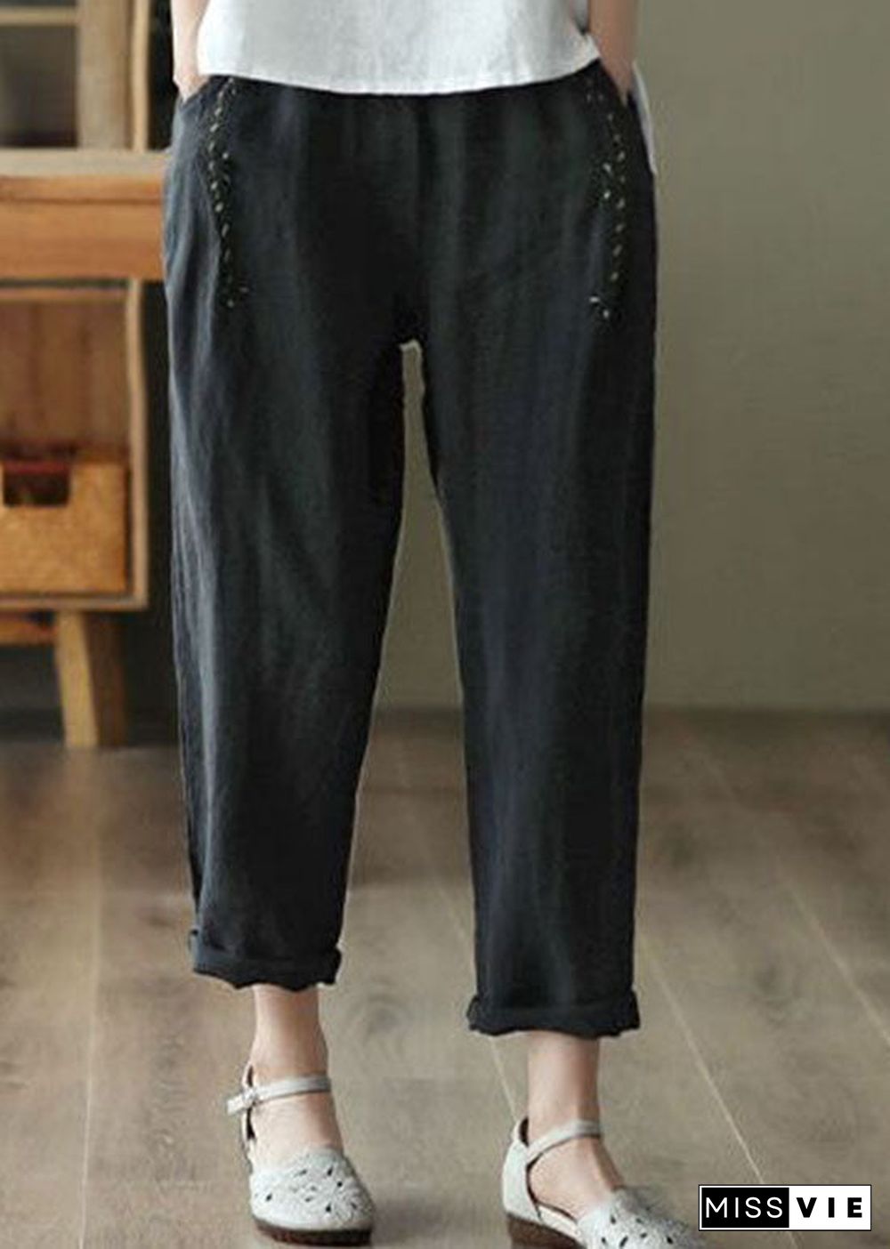 Vintage Black PocketsPatchwork Linen Pants Summer