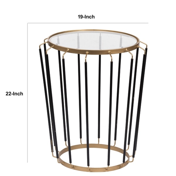 22 Inch Modern Iron Accent End Table， Cage Pattern， Glass Top， Gold， Black