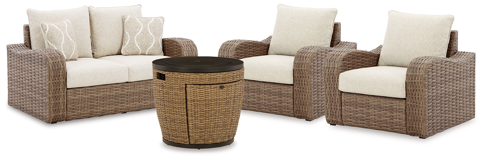 Malayah Outdoor Loveseat and 2 Lounge Chairs with Fire Pit Table