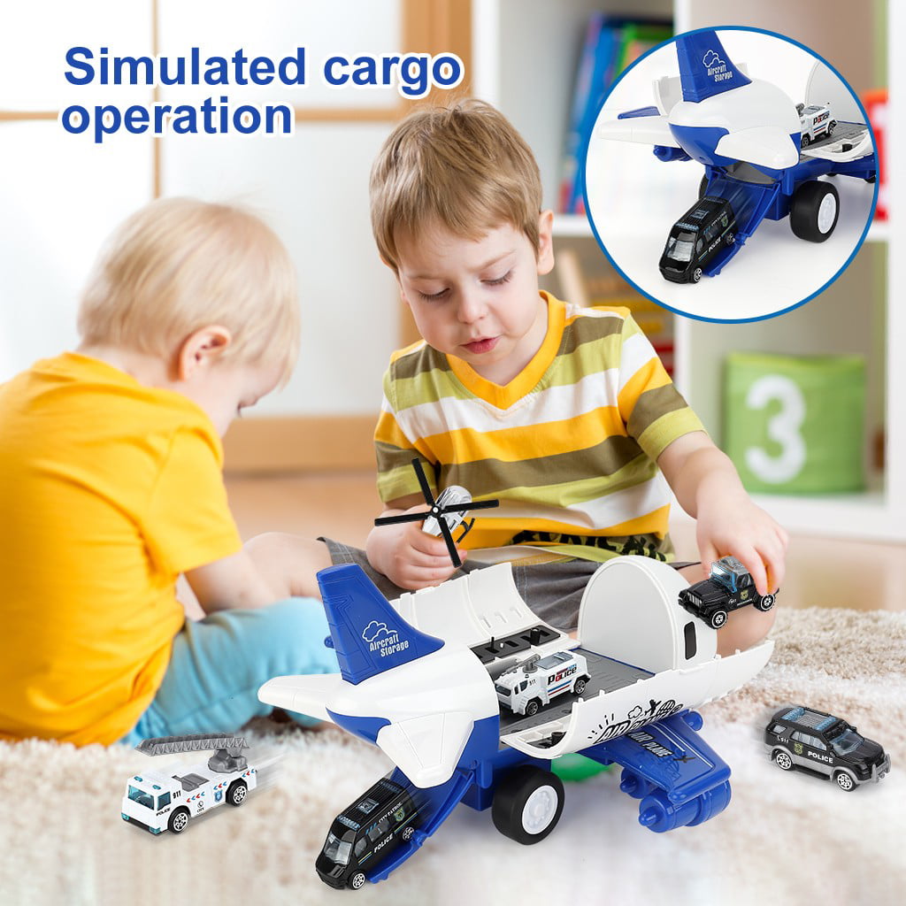 Airplane Toy Large Transport Cargo Plane STEM Toy Play Mat 7 Pieces Police Mini Toys Cars Helicopter for Kids Toddlers Child 2-6 Year Old Boys Gift