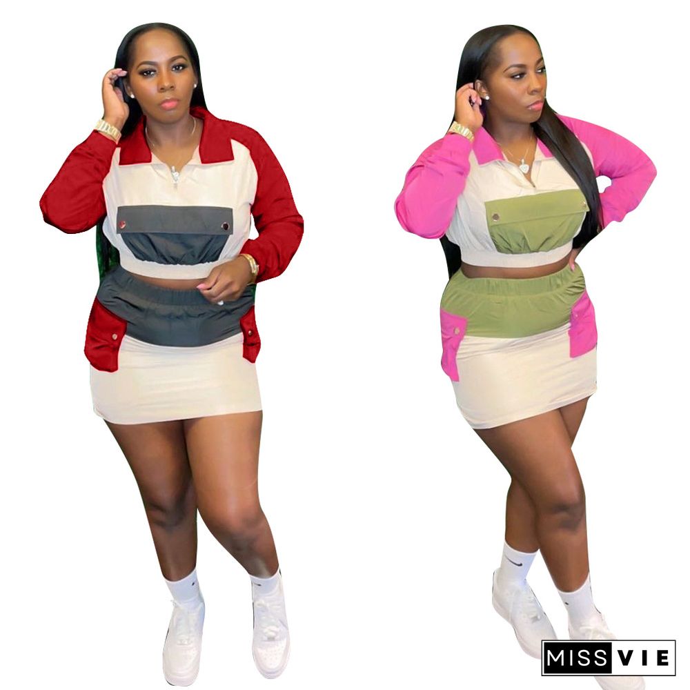 Color Block Long Sleeve Crop Top And Skirt Set