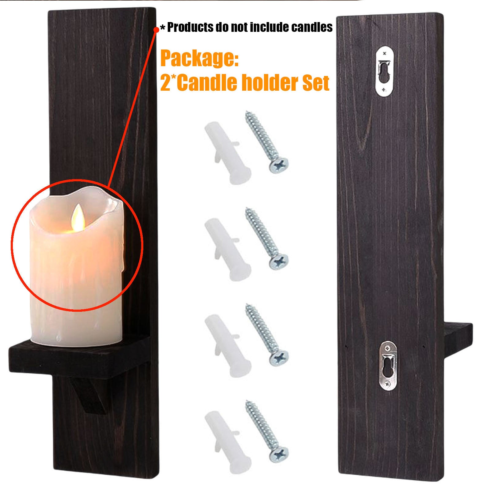 Set of 2 Wooden Wall Black Sconce Candle Holder for Pillar and LED Candles， Modern Wall-Mount Candleholders