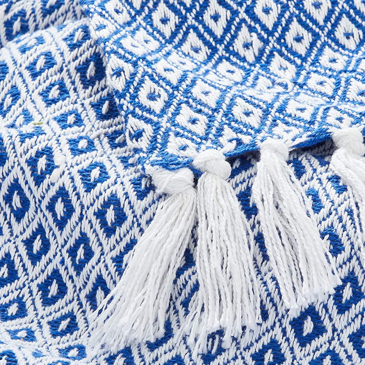 Americanflat 50x60 Throw Blanket， 100% Cotton with Fringe， Blue and White Mini Diamond， all seasons blanket