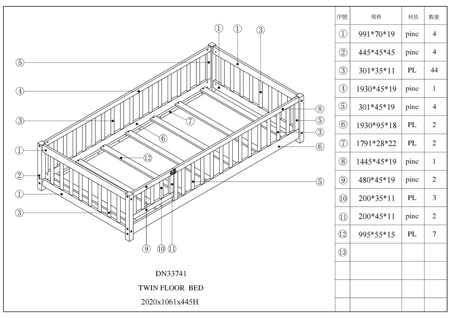 Twin Size Floor Bed for Kids, Wood Twin Montessori Bed Frame with Fence Guardrails and & Support Slats, Twin Playhouse Bed with Door Design, Kids Fence Bed Playpen Bed for Toddler, Boys ,Girls, Gray