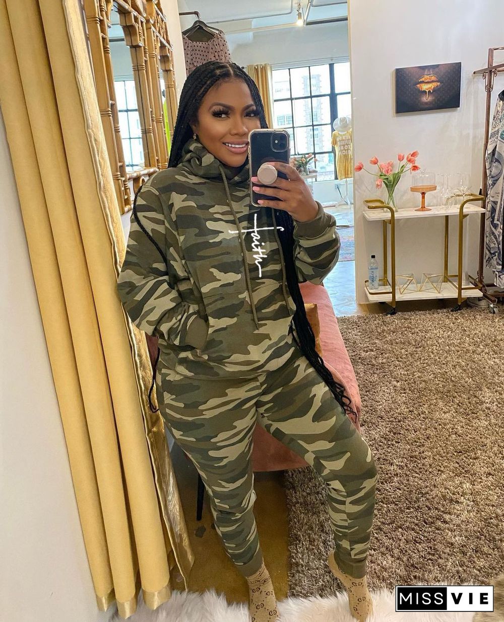 Camouflage Print Hoodie Joggers Pants Sweat Suit