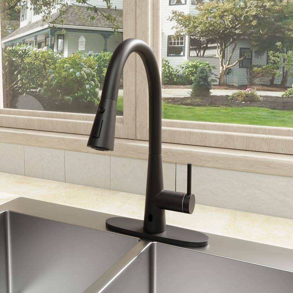 Boyel Living 3-Spray Patterns Single Handle Touchless 1.8 GPM Pull Down Sprayer Kitchen Faucet with Deckplate Included in Matte Black BL-APS243TL-MB