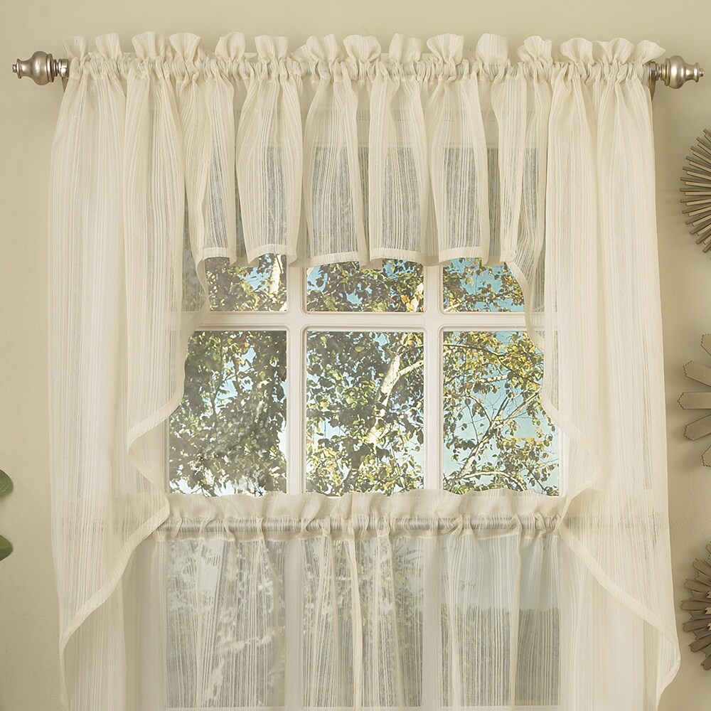 Ivory Micro Striped Semi Sheer Window Curtain Pieces   Tiers  Valance and Swag Options