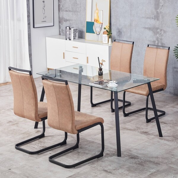 Set of 4 Modern Dining Chairs， PU Faux Leather High Back Upholstered Side Chair with C-shaped Tube Chrome Metal Legs