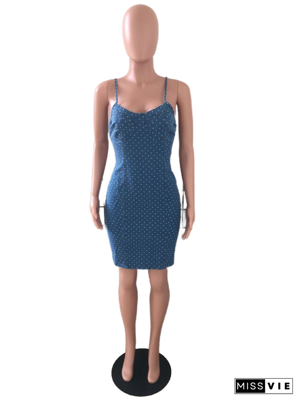 Summer Vintage Print V Neck Stretch Spaghetti Strap Back Zipper Bodycon Woman Mini Denim Dress