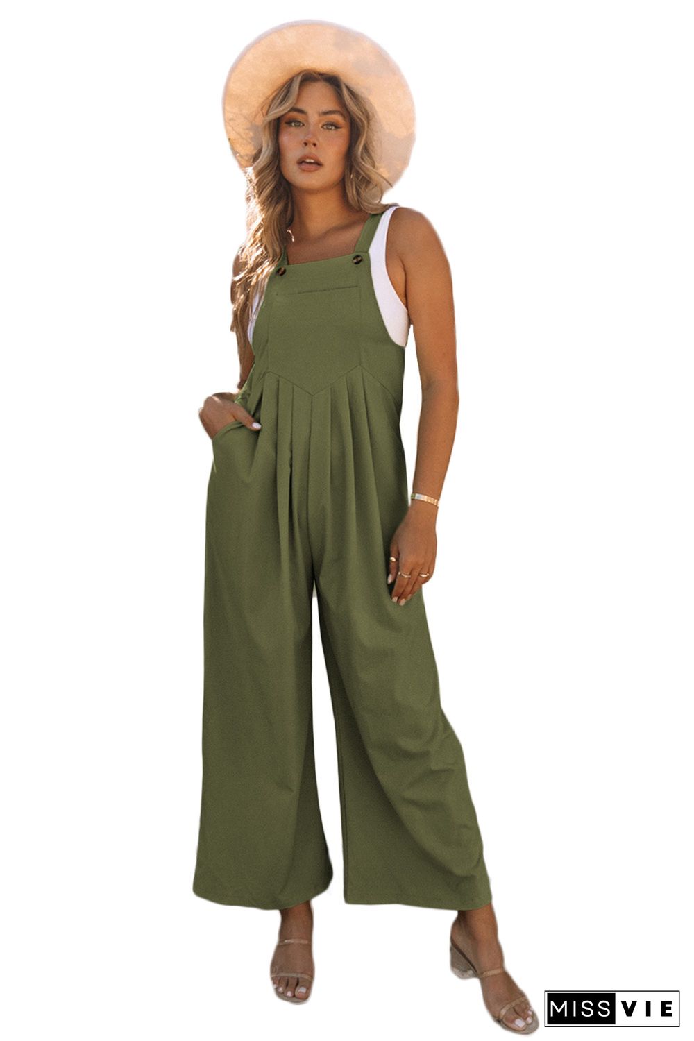 Green Sleeveless Pleated Wide Leg Jumpsuit