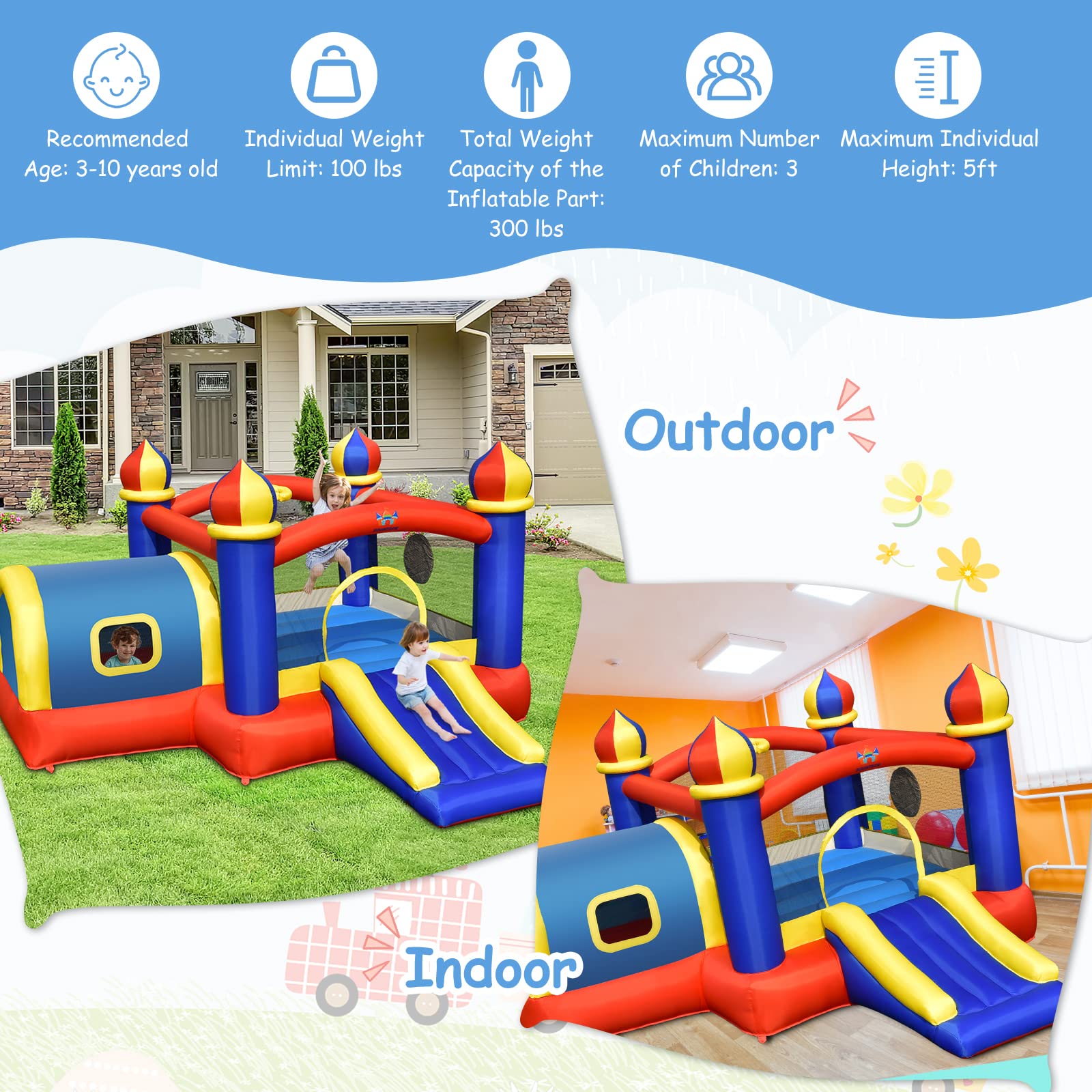 Costzon Inflatable Bounce House, 5 in 1 Bouncy Castle for Kids Indoor Outdoor with Blower