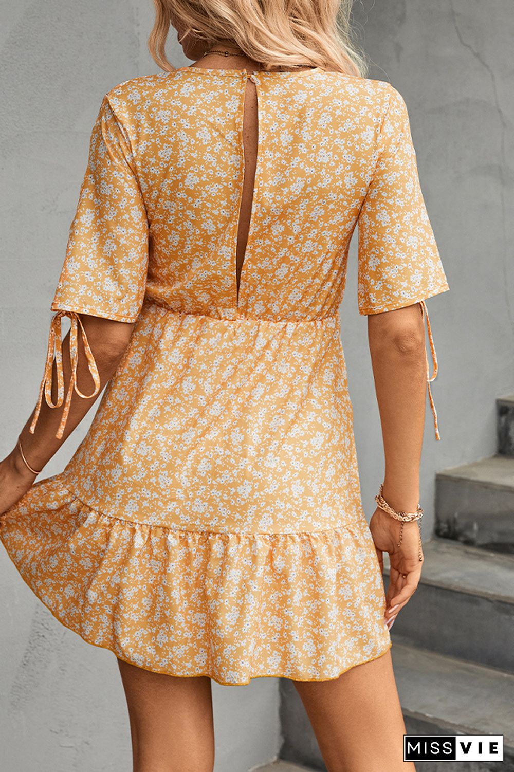 Floral Print V Neck Short Dress Wholesale