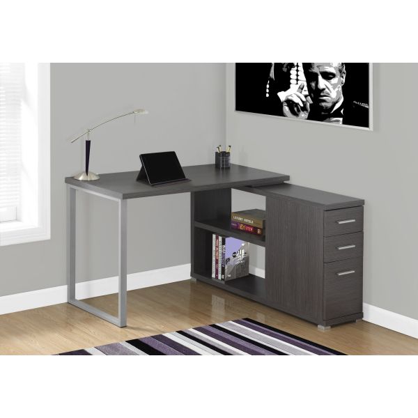 Computer Desk， Home Office， Corner， Left， Right Set-up， Storage Drawers， L Shape， Work， Laptop， Grey Laminate， Metal， Contemporary， Modern