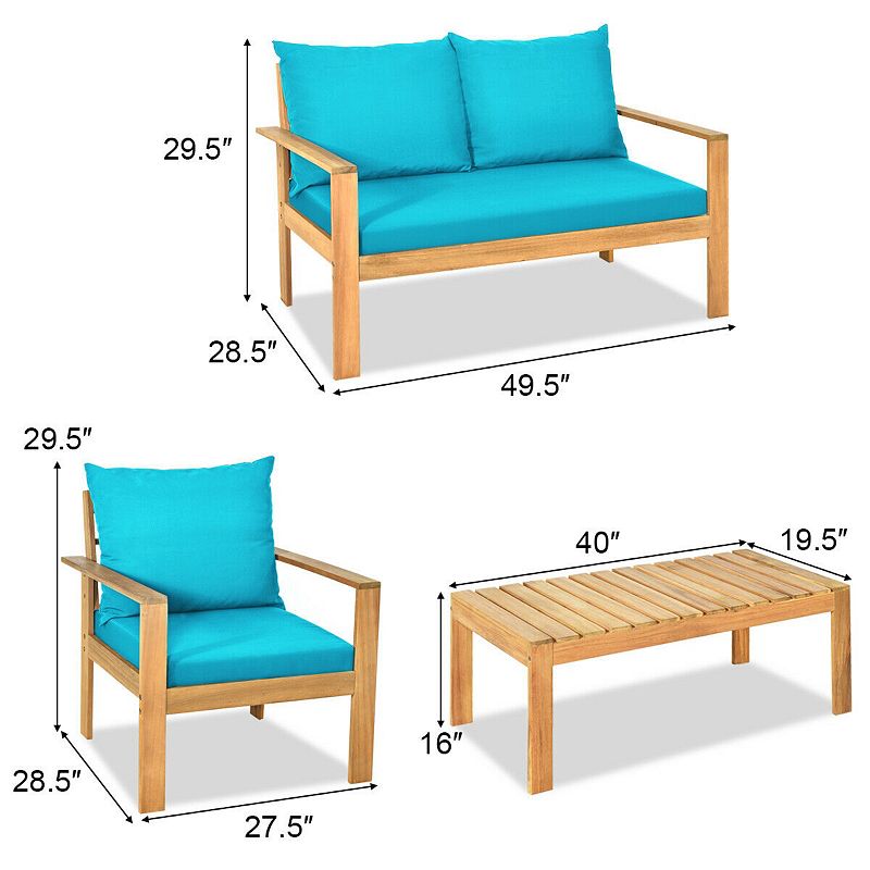 Outdoor 4 Pieces Acacia Wood Chat Set with Water Resistant Cushions