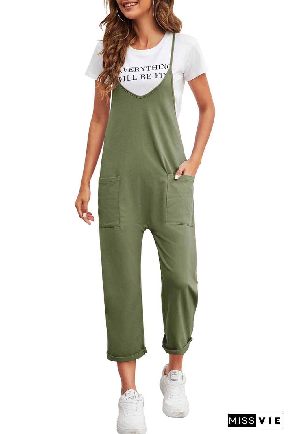 Green Pocketed Adjustable Spaghetti Strap Straight Leg Jumpsuit