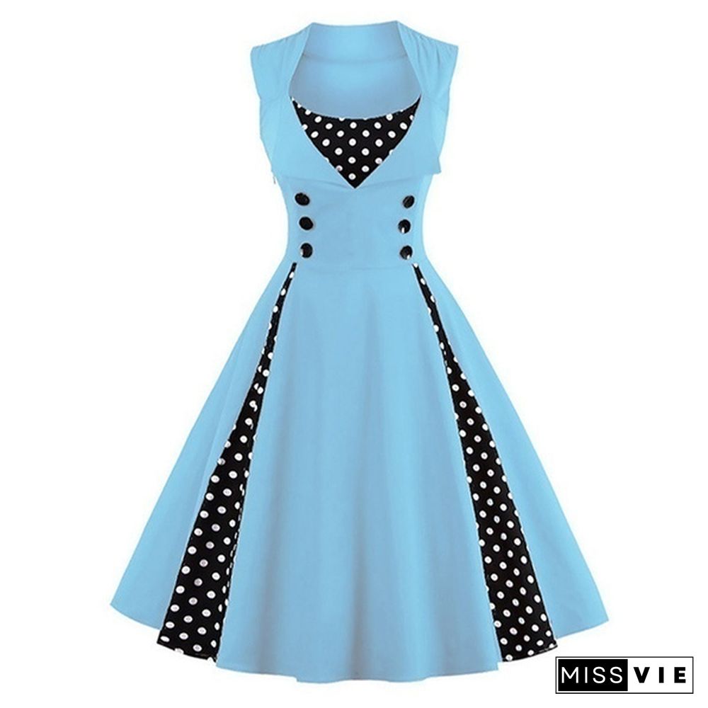 Fashion Woman Robe Pin Up Dress Retro Vintage Dot Swing Summer Female Sleeveless Party Dresses