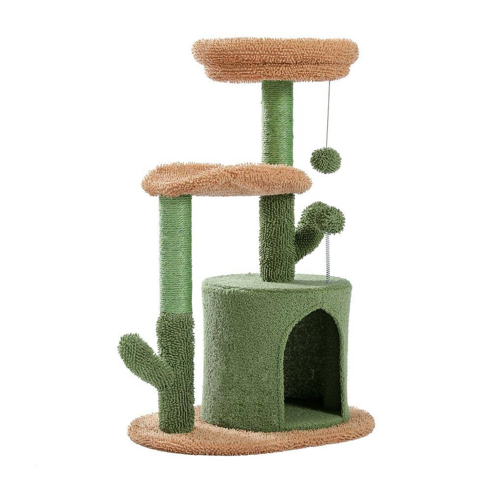 Foobrues 32.9 in. H Cactus Cat Tower with Sisal Covered Scratching Post, Cozy Condo, Plush Perches and Fluffy Balls PSL-23170833