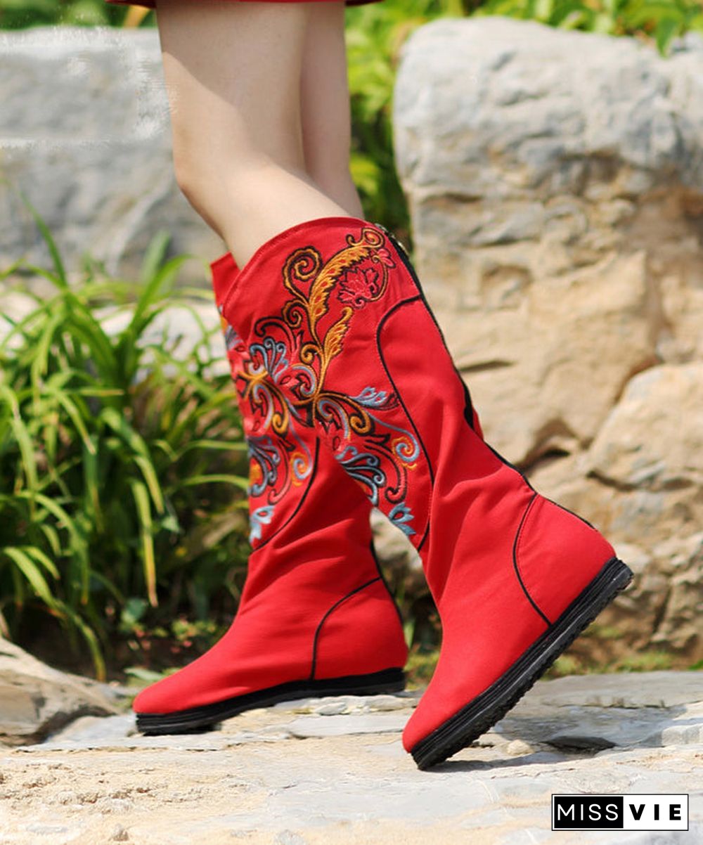 Vintage Red Wedge Boots Embroideried Comfy Cotton Fabric zippered Splicing Boots