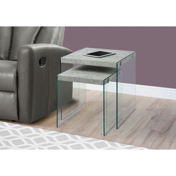 Nesting Table， Set Of 2， Side， End， Accent， Living Room， Bedroom， Grey Laminate， Clear Tempered Glass， Contemporary， Modern