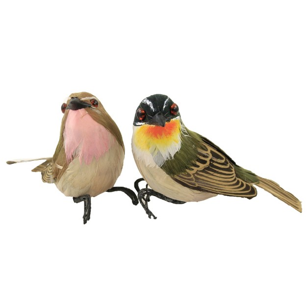 Home Decor Feather Birds Brown Green Two Bird Figurines 3 25 Inches Chirp Song 55157 55158 Styrofoam Multicolored