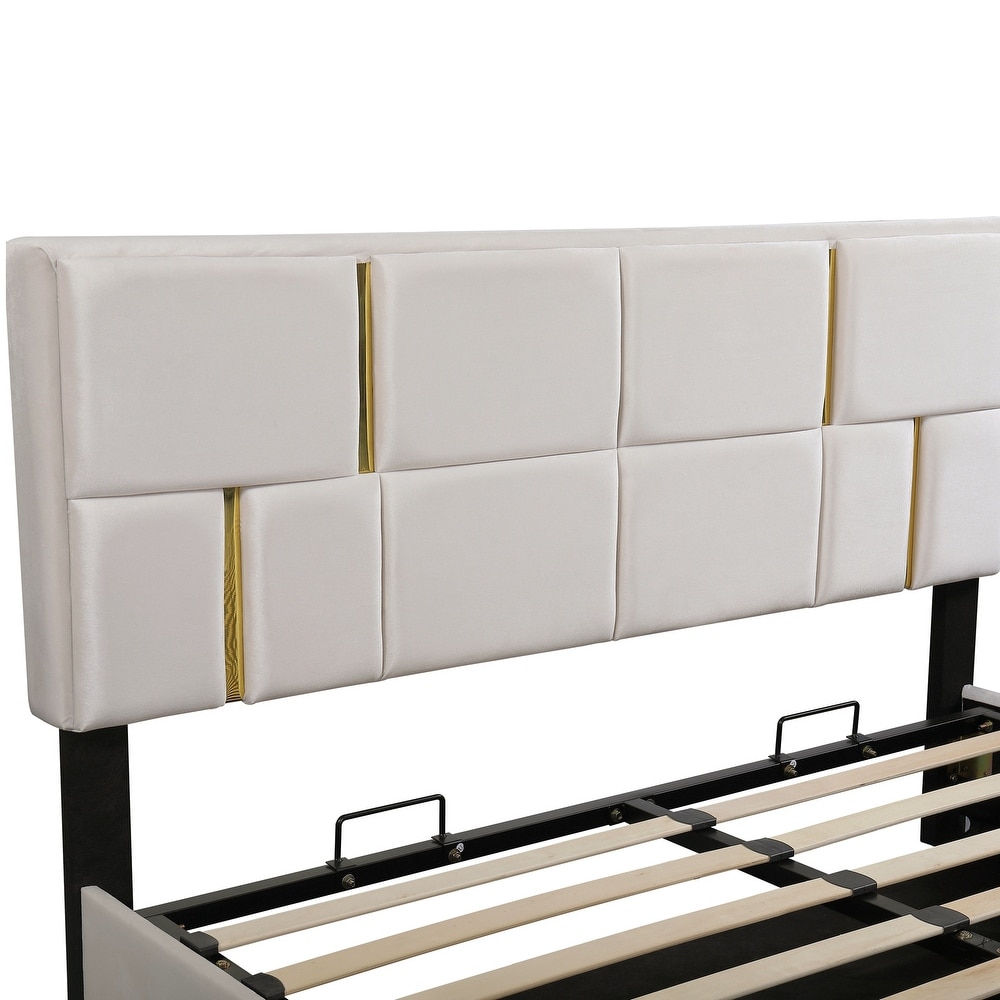 Beige Queen Size Upholstered Platform Bed with Hydraulic Storage System and Gold Trim Headboard  No Box Spring Needed