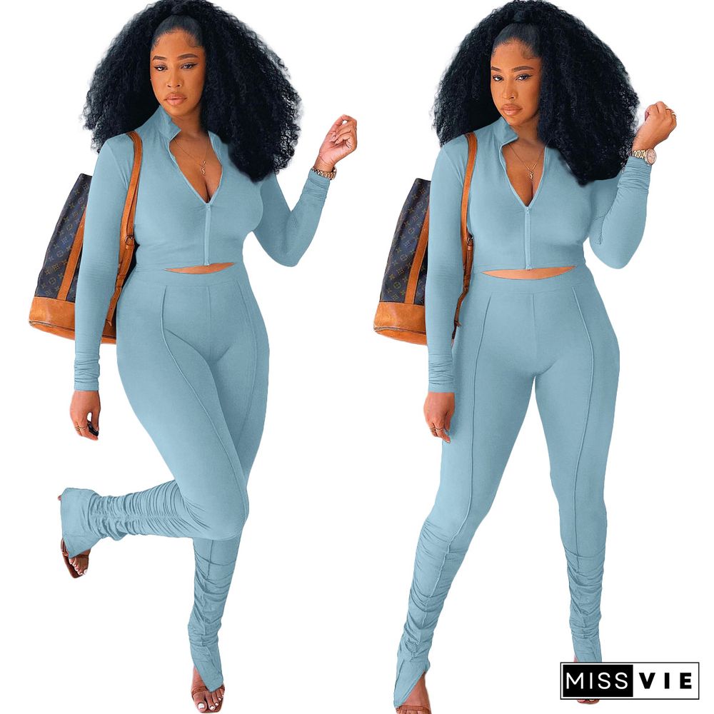 Long Sleeve Zip Crop Top Slim Pleated Pants Set