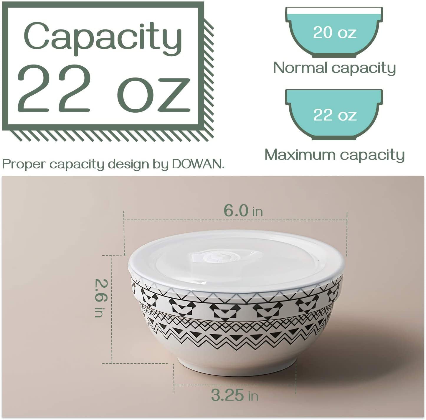 Dowan Porcelain Bowls Set with Lid， 22 oz Cereal Soup Bowls， Ceramic Food Storage Bowls， Dishwasher and Microwave Safe， Prep Bowls for Kitchen， Modern Bohemian Bowl for Oatmeal Rice Pasta Salad， 4 Pack