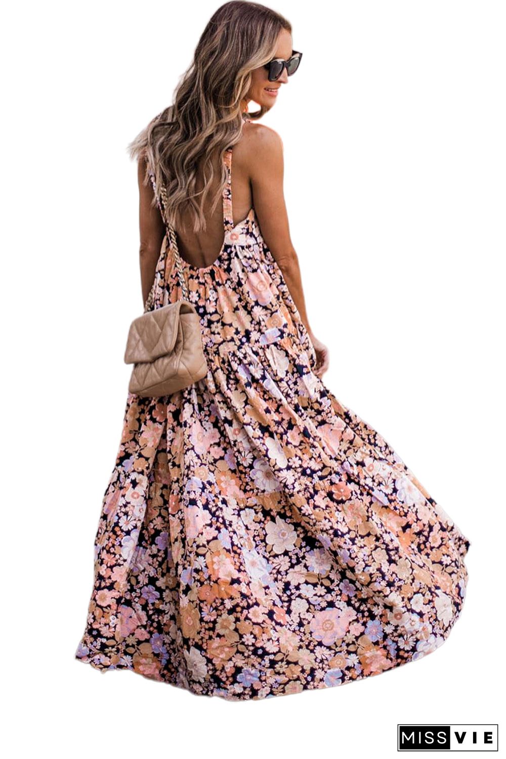 Multicolor Floral Print Scoop Back Maxi Sundress