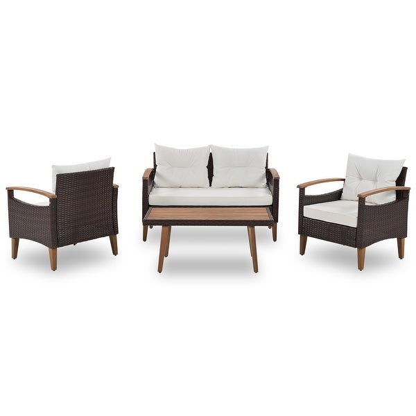 4-Piece Garden Furniture， Patio Conversation Sets， PE Rattan Outdoor Sofa Seating Set with Wood Table and Adjustable Legs Design - Overstock - 37853223