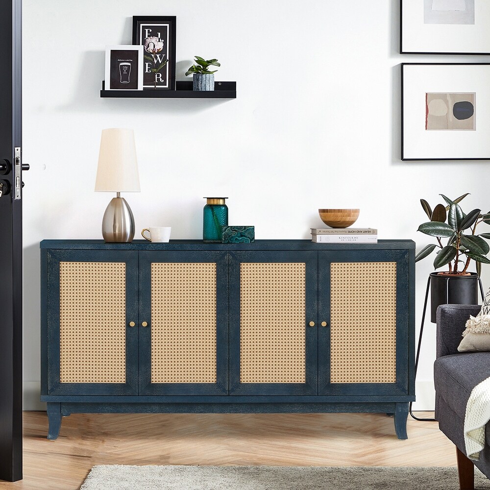 Softly Lacquer Finishes Accent Storage Cabinet Sideboard Wooden Cabinet with Antique Deep Blue 4Doors for Living Room