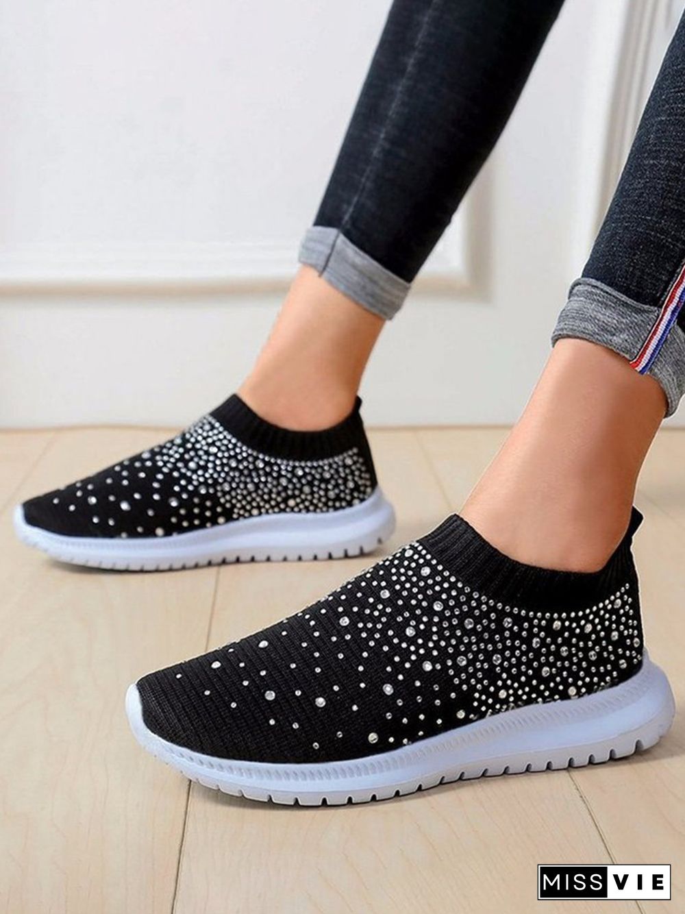 Rhinestone Design Portable Overfoot Lightweight Flyknit Sneakers