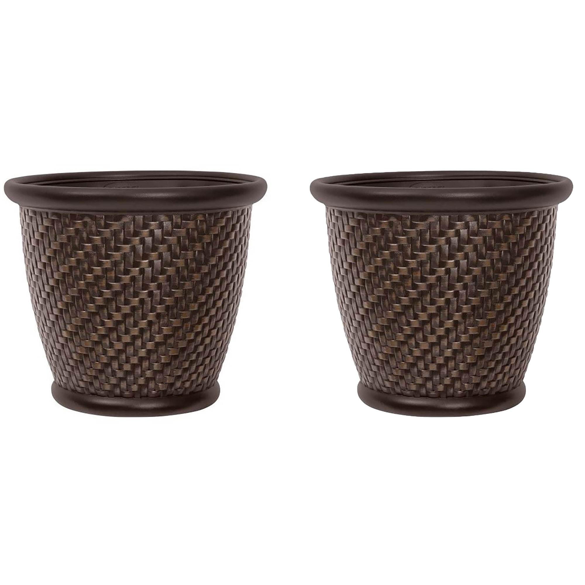 Suncast 18 x 16.5 Inch Wicker Resin Dirt Pot Garden Planter, Dark Brown (2 Pack)