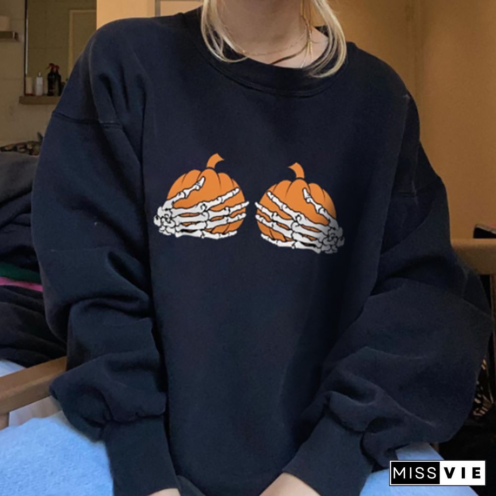 Casual pumpkin skeleton hand printed designer sweatshirt