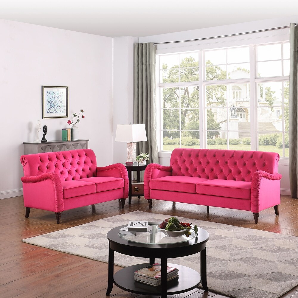 Rose Red Velvet Chesterfield 3 Seater Sofa Set