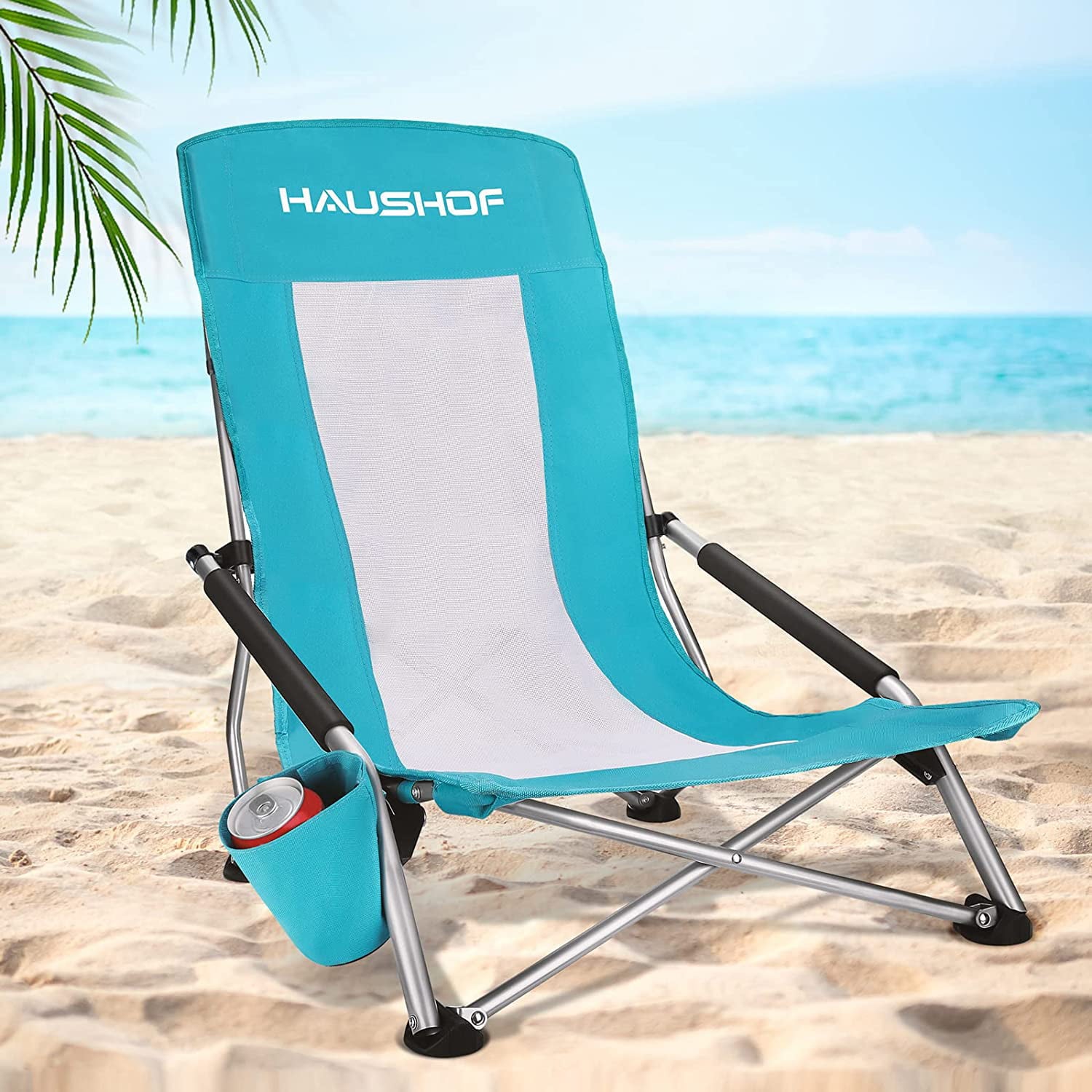 HAUSHOF High Back Beach Chair， Mesh Back Folding Chair， Lightweight Low Seat Camping Chairs with Cup Holder， Carry Bag， Padded Armrest for Outdoor Beach Lawn Camping Picnic Festival， Blue