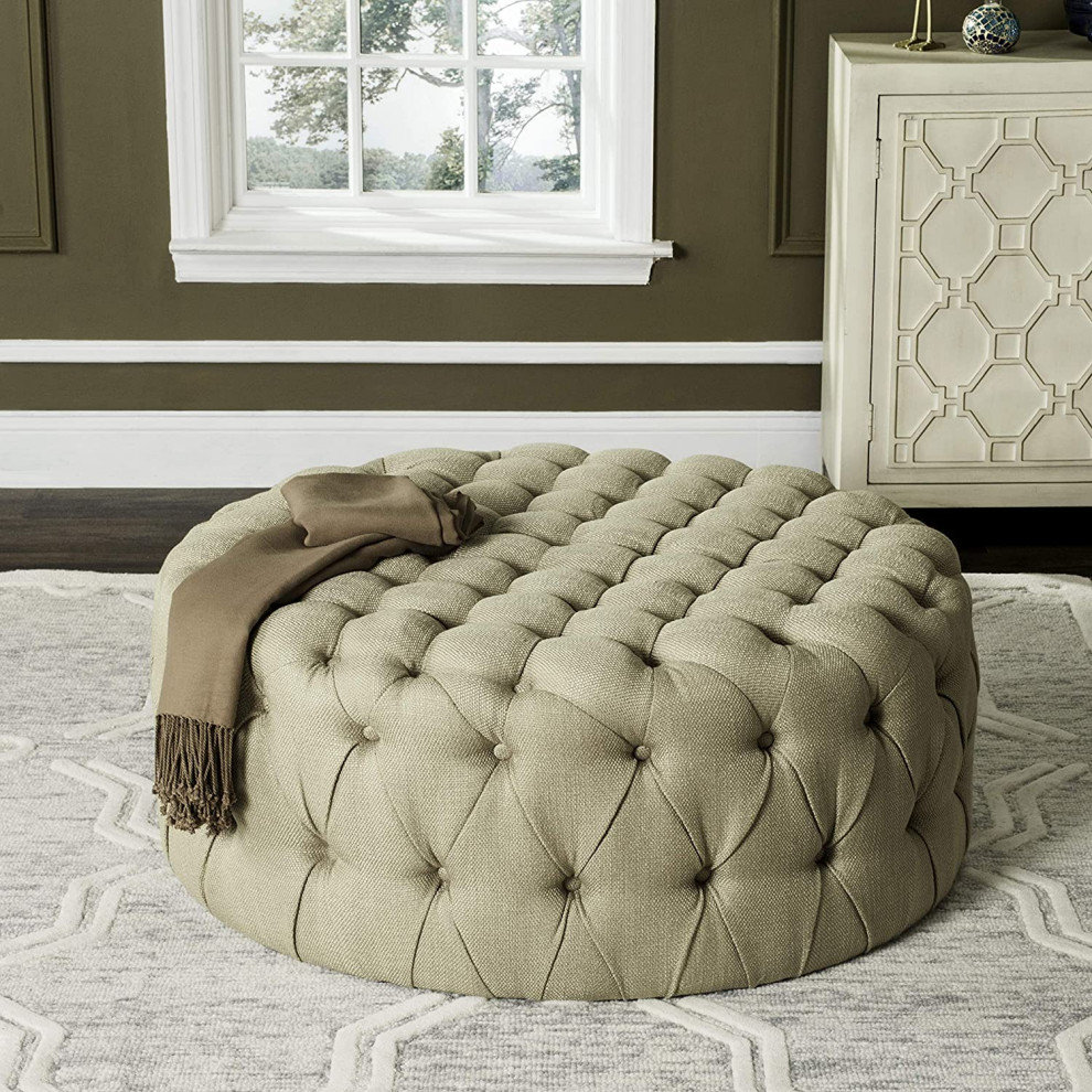 Contemporary Round Ottoman  Button Tufted Polyester Upholstery   Transitional   Footstools And Ottomans   by Decorn  Houzz