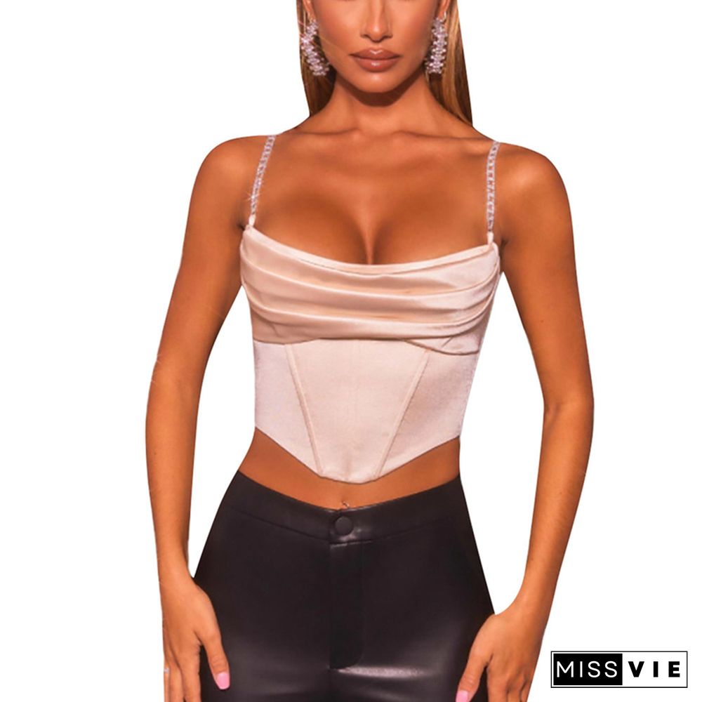 Women\u2022 Fashion Solid Color Camisole Summer Boat Neck Exposed Navel Irregular Chain Suspender Tops Elegant Shirt