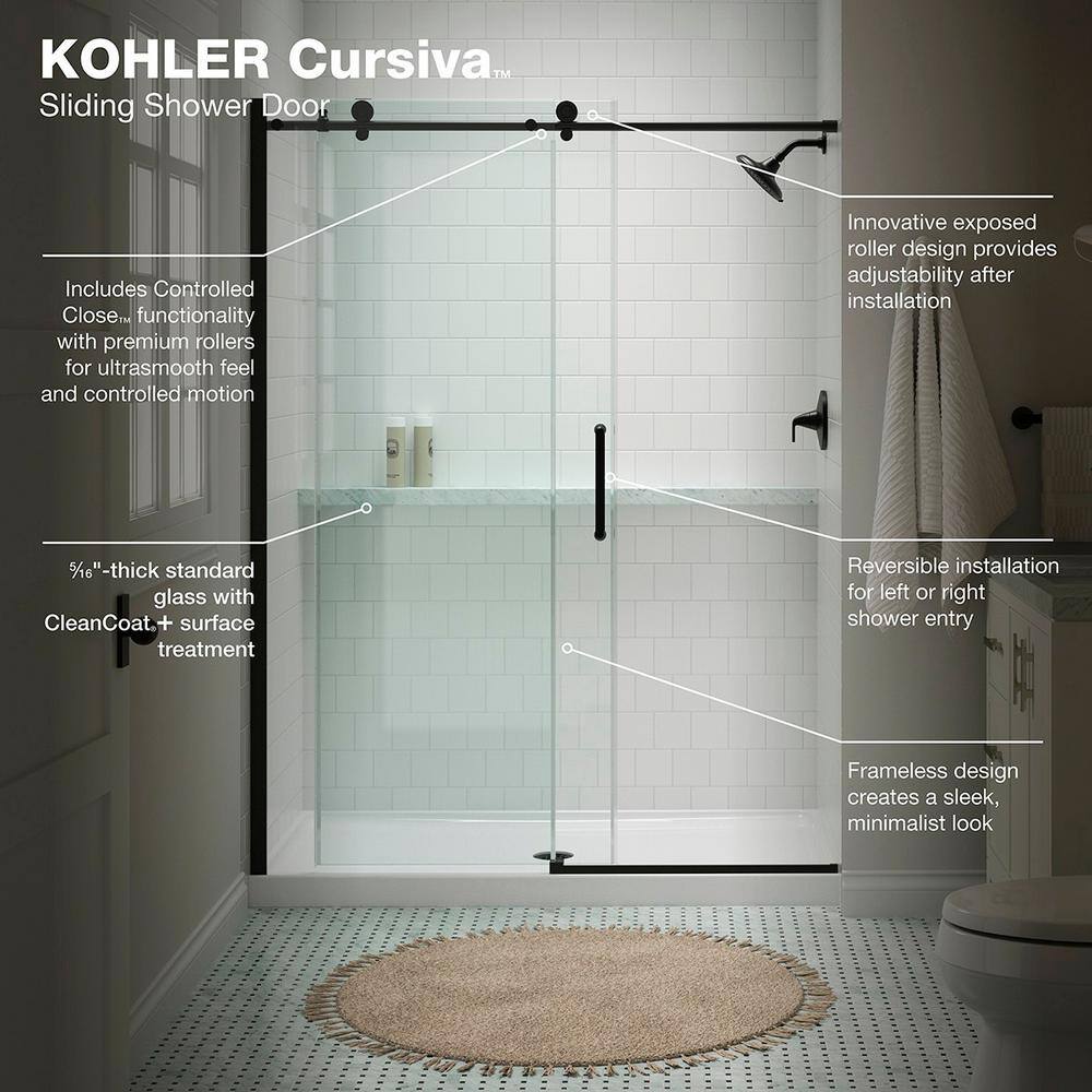 KOHLER Cursiva 59.875 in. W x 78 in. H Sliding Frameless Shower Door in Matte Black K-707624-8L-BL