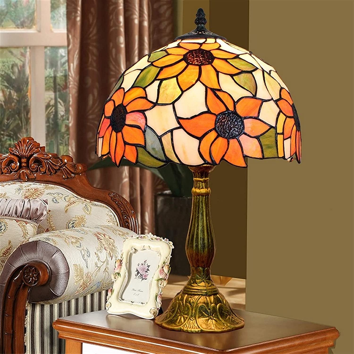 SHADY Tiffany Lamp Stained Glass Lamp Sunflower Yellow Bedroom Table Lamp Reading Desk Light for Bedside Living Room Office Dormitory Dining Room Decorate  12x12x18 Include Light Bulb