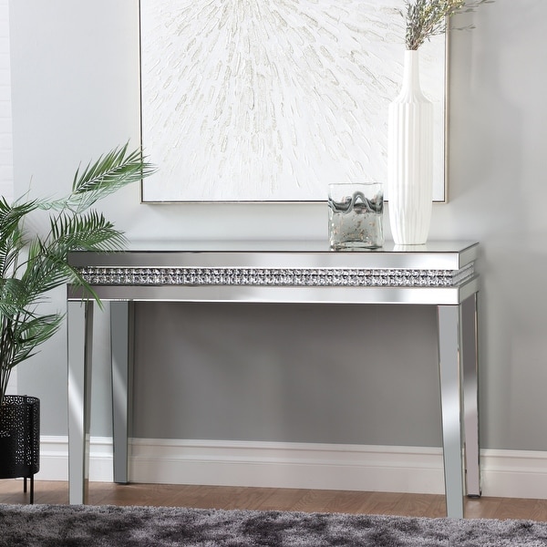 Silver Wood Mirrored Geometric Accent Console Table with Crystal Embellishments