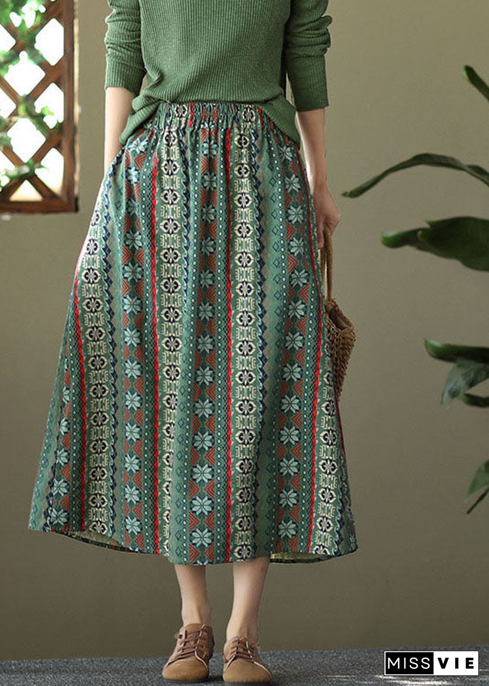 Green Pockets Print Linen Skirts High Waist Summer