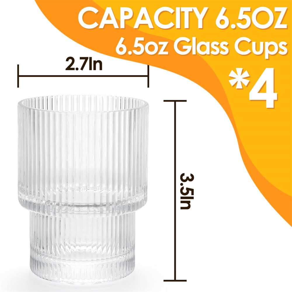 Origami Style Glass Cup Set of 4 Ripple Vintage Glassware， Ribbed Glassware Unique Kitchen Drinking Glasses， Ideal for Cocktail Coffee Soda Juice Beer (4S， 6.5 Ounces)